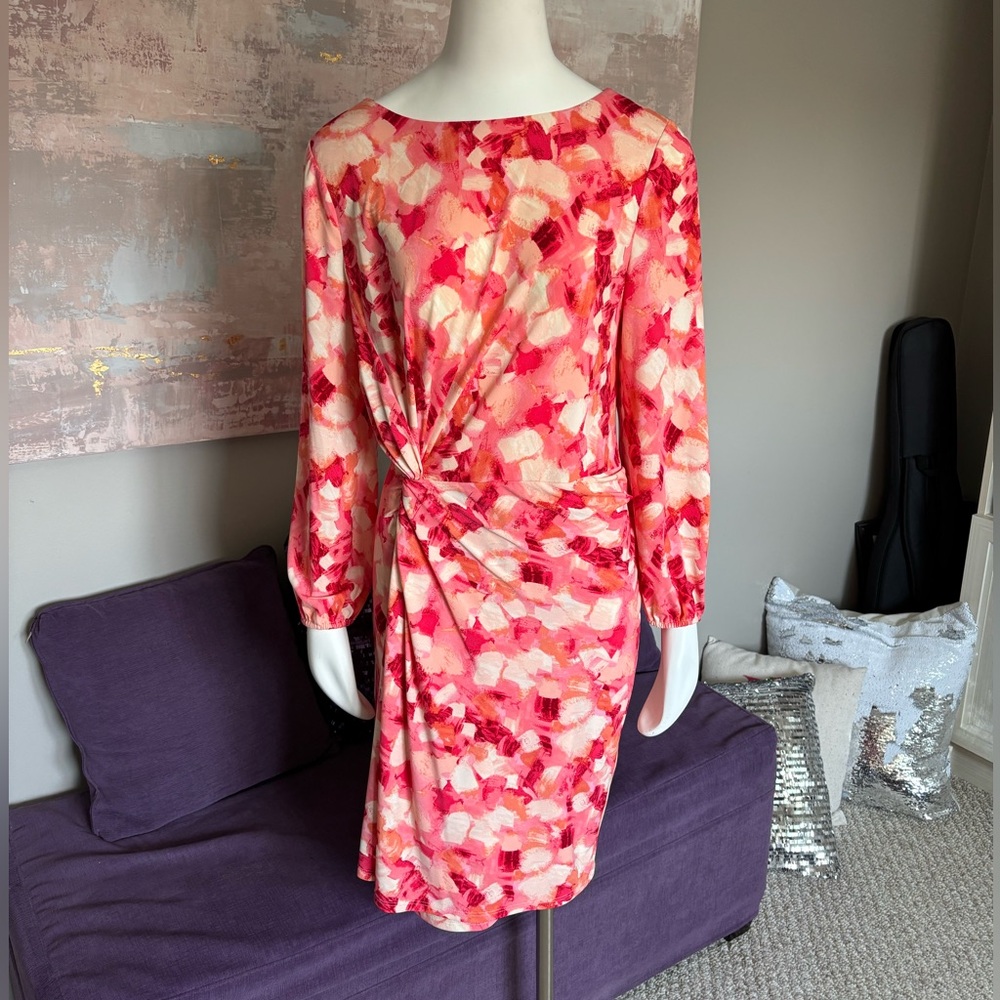 London Times Fuchsia, Pink & Orange Long Sleeve Ruched Cocktail Dress Size 12
